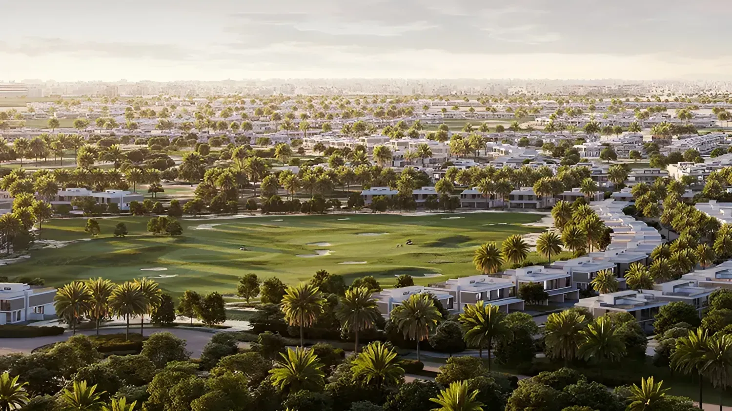 Dubai Hills Estate — skyline framed by the championship golf corridor